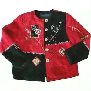 Alex Kim Vintage Rayon Lined Carved Button Colorblock Embroidered‎ Patch Jacket.